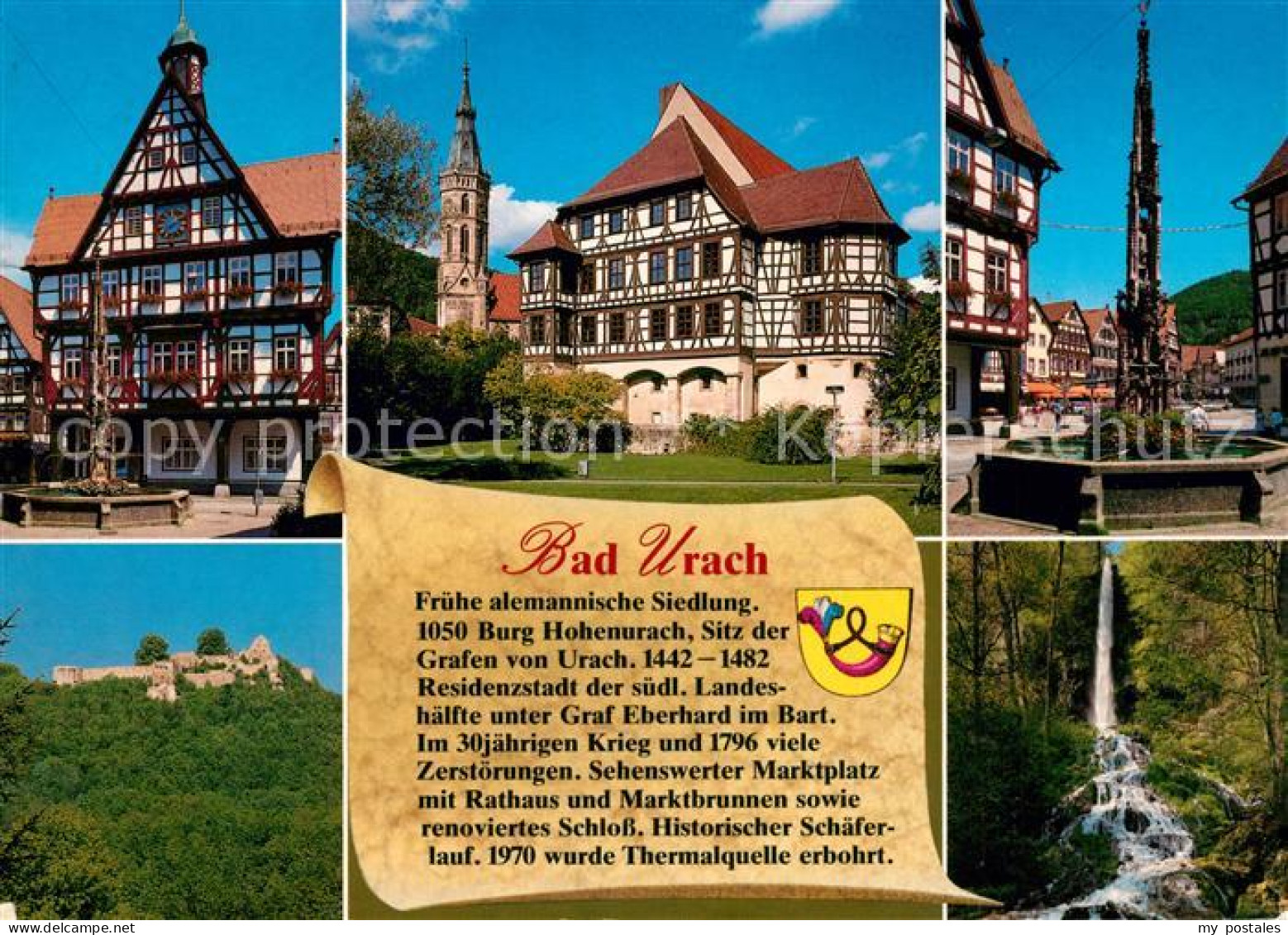 73210374 Bad Urach Rathaus Fachwerkhaus Burgruine Wasserfall Chronik Brunnen Bad - Bad Urach