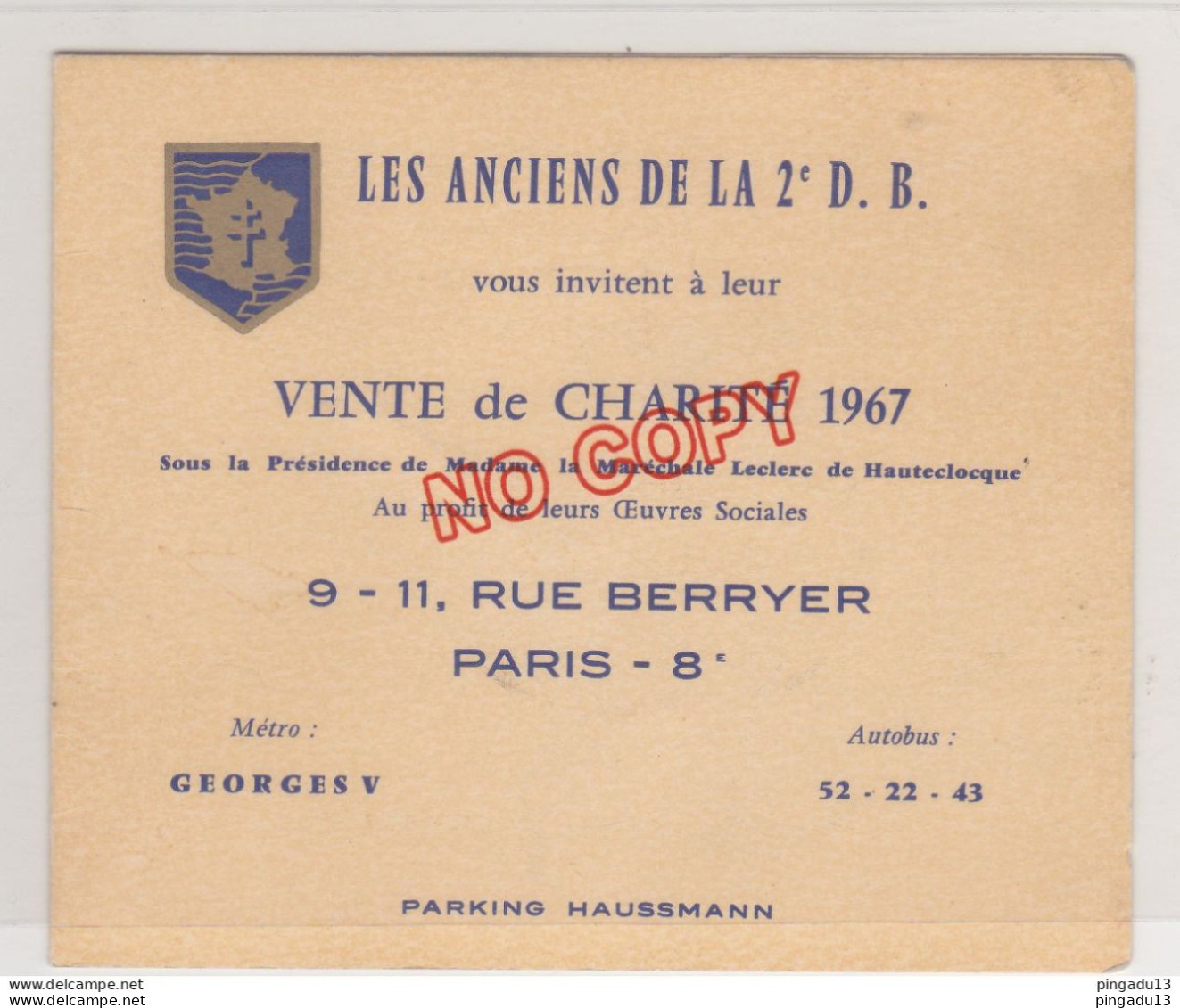 Au Plus Rapide Invitation Soirée 2e DB WW2 Madame La Maréchale Leclerc .... Vente Charité 1967 - Documenti