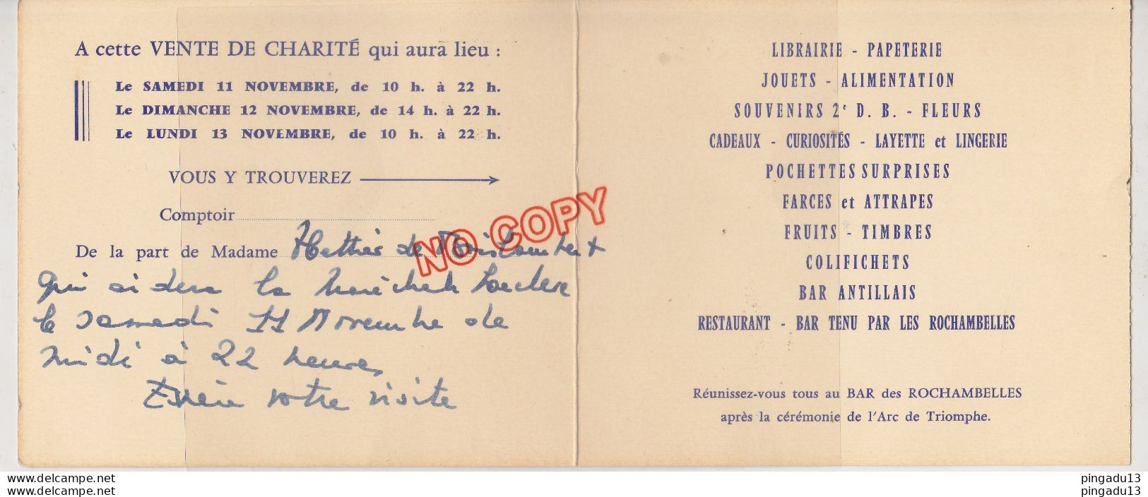 Au Plus Rapide Invitation Soirée 2e DB WW2 Madame La Maréchale Leclerc .... Vente Charité 1967 - Documenti