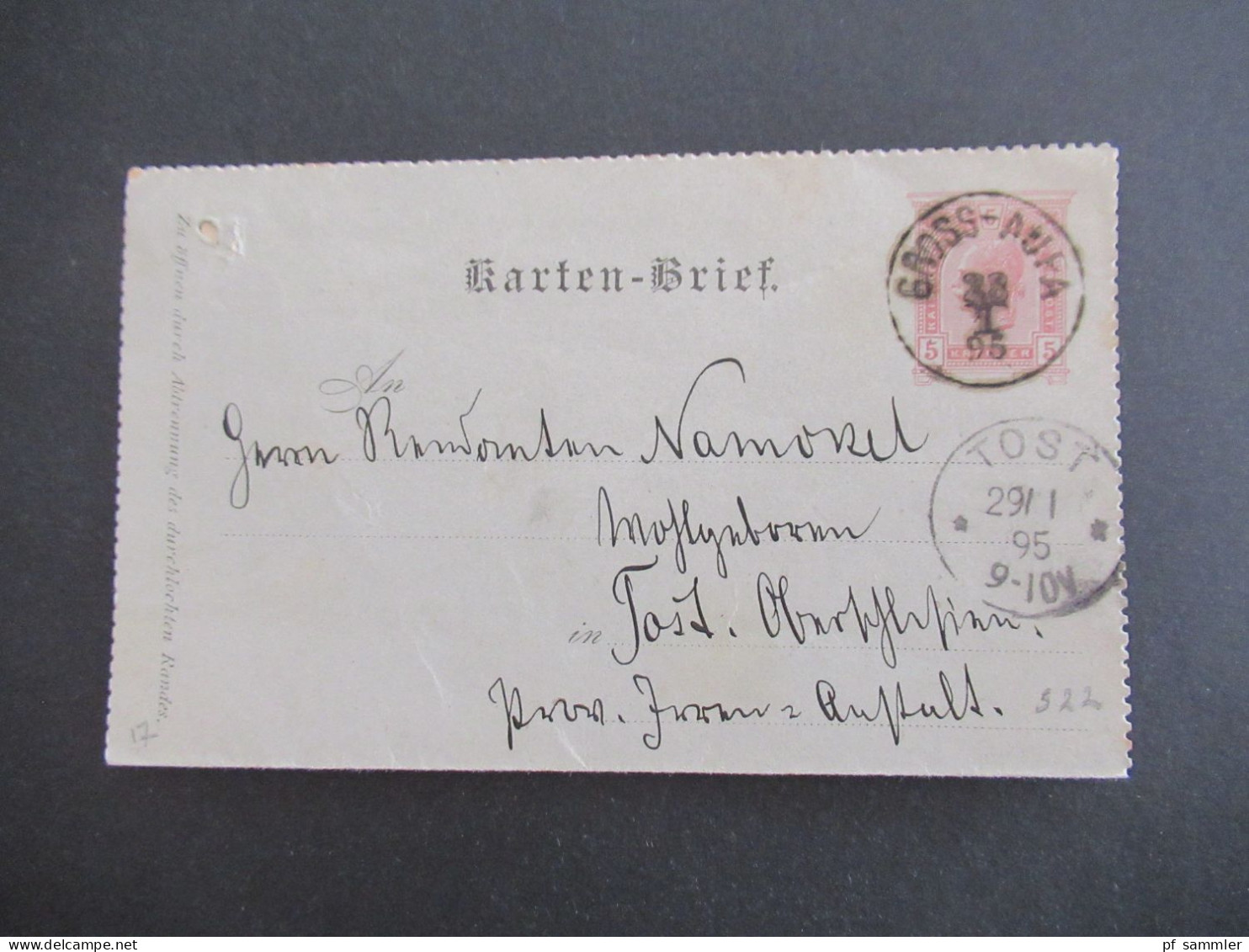 1895 Österreich / Tschechien Riesengebirge Kartenbrief K1 Gross Aupa (bei Trautenau) Und Ank. Stempel K1 Tost Schlesien - Cartoline