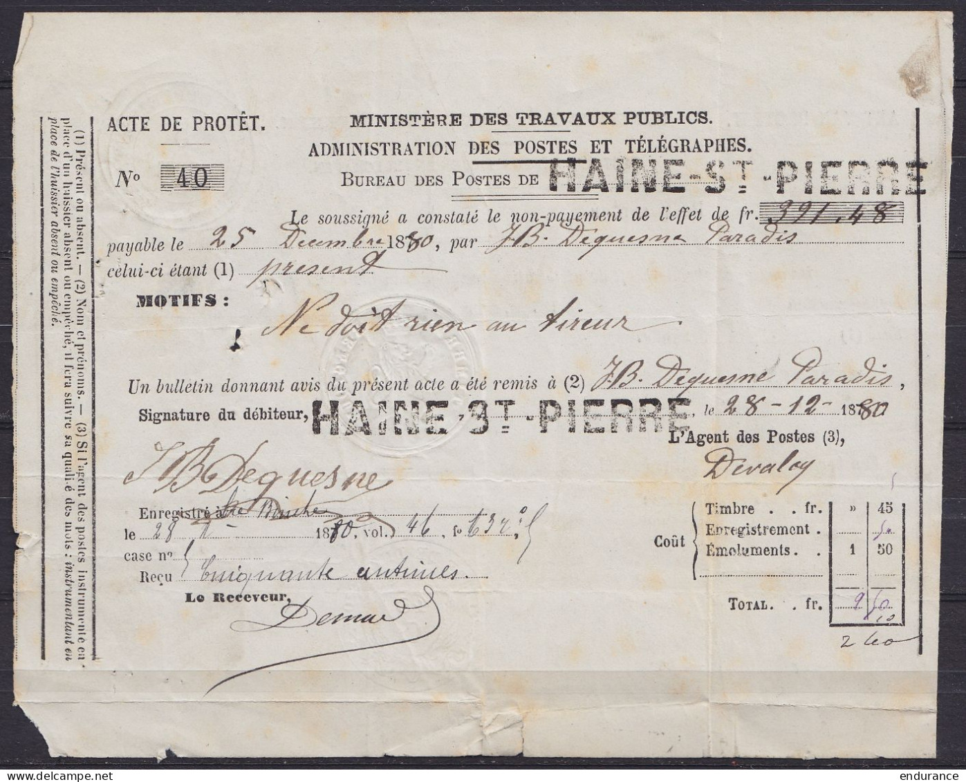 Acte De Protêt - Bureau De HAINE-ST-PIERRE 25 Décembre 1880 - Other & Unclassified