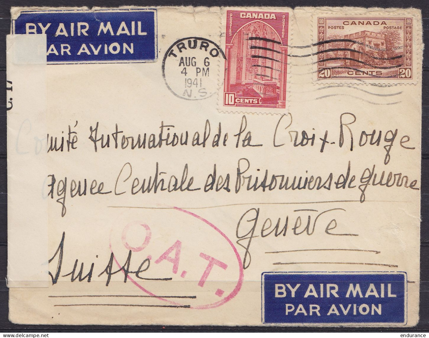 Canada - L. Par Avion Affr. 30c Flam. TRURO /AUG 6 1941 Pour Comité De La Croix-Rouge à GENEVE - Cachet Oval "O.A.T" & B - Usados