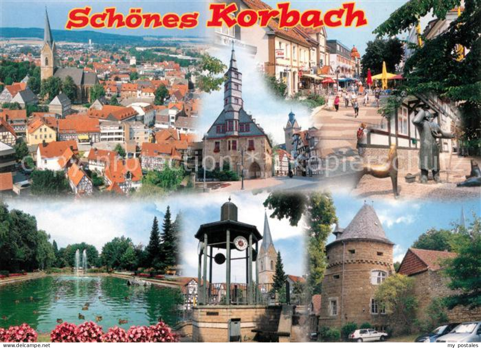 73209085 Korbach Panorama Rathaus Fussgaengerzone Schwanenteich Runder Turm Korb - Korbach