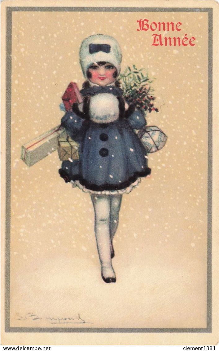 Illustrateur Illustration S Bompard Serie 906 5 Bonne Année Jeune Fille Avec Des Cadeaux - Bompard, S.