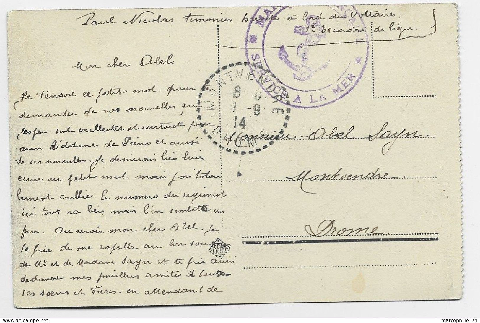 MALTA CARD VALETTA + MENTION TIMONIER A BORD DU VOLTAIRE 1E ESCADRE 1914 - Malte