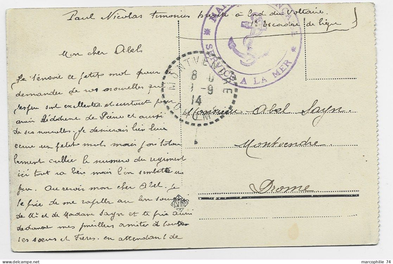 MALTA CARD VALETTA + MENTION TIMONIER A BORD DU VOLTAIRE 1E ESCADRE 1914 - Malta