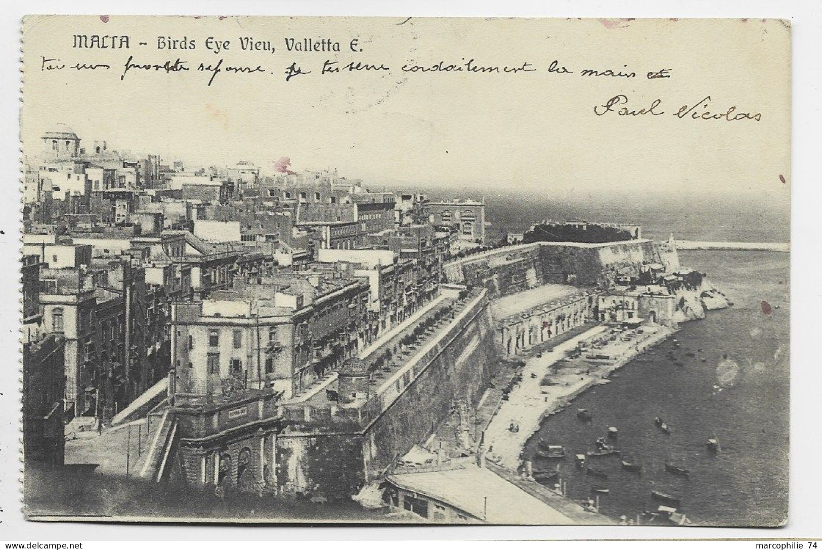MALTA CARD VALETTA + MENTION TIMONIER A BORD DU VOLTAIRE 1E ESCADRE 1914 - Malta