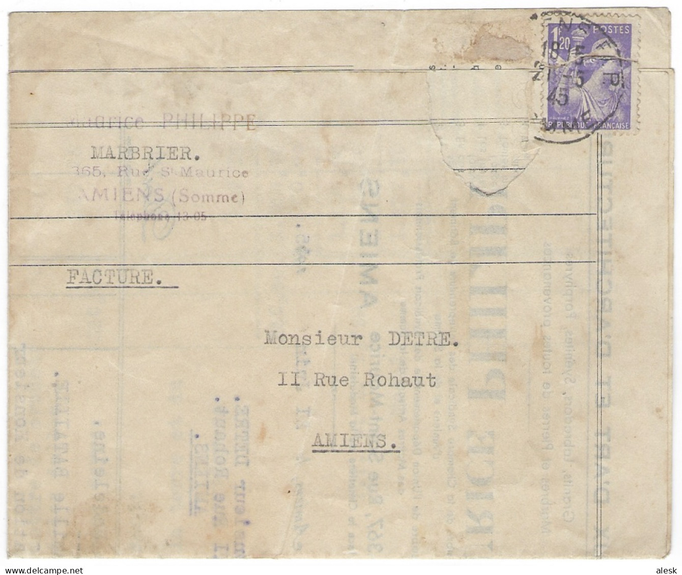 TARIF FACTURE Du 5 Janvier 1942 Iris N°651 Amiens 21 Juin 1945 - Facture D'un Marbrier - Postal Rates