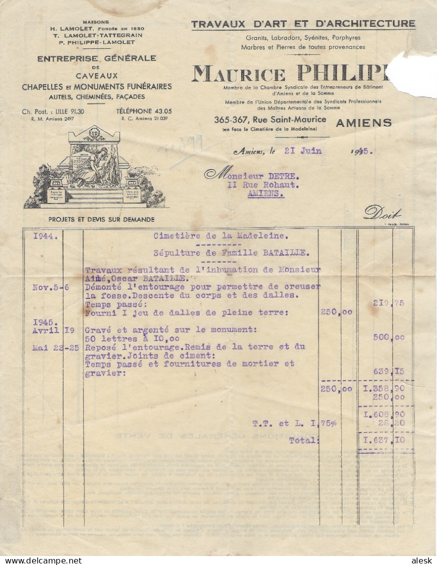 TARIF FACTURE Du 5 Janvier 1942 Iris N°651 Amiens 21 Juin 1945 - Facture D'un Marbrier - Tariffe Postali