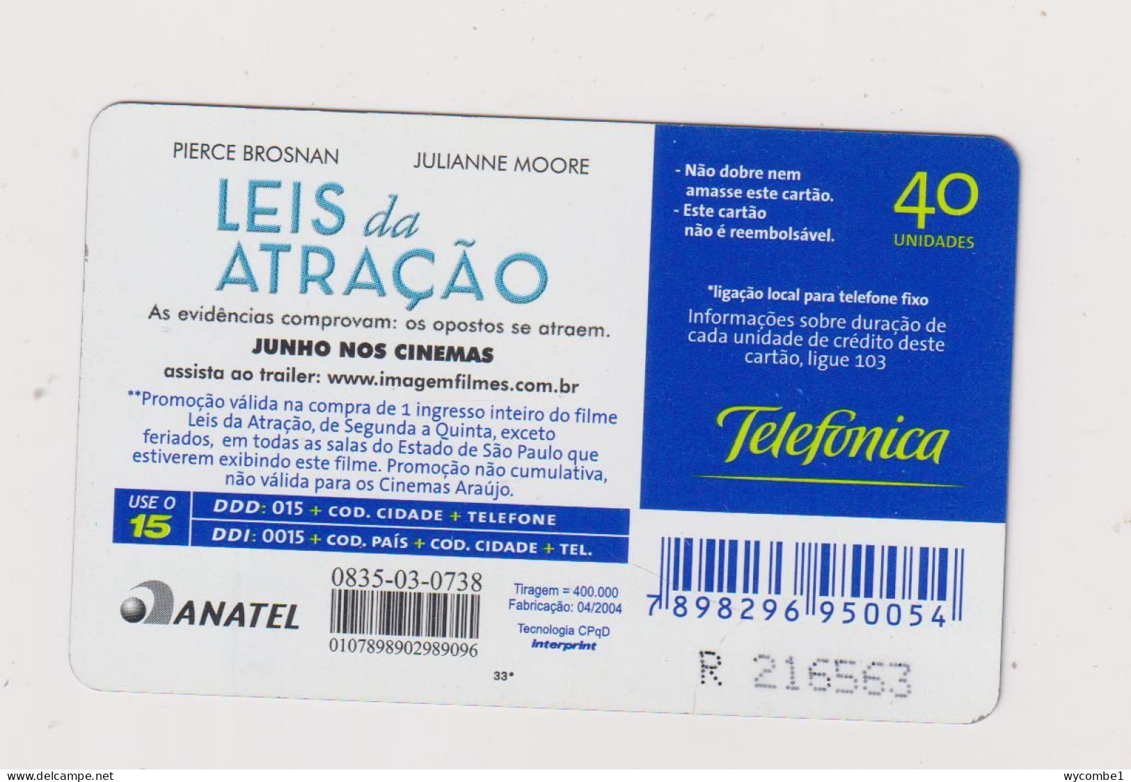 BRASIL -  Film Leis Da Atracao Inductive  Phonecard - Brésil