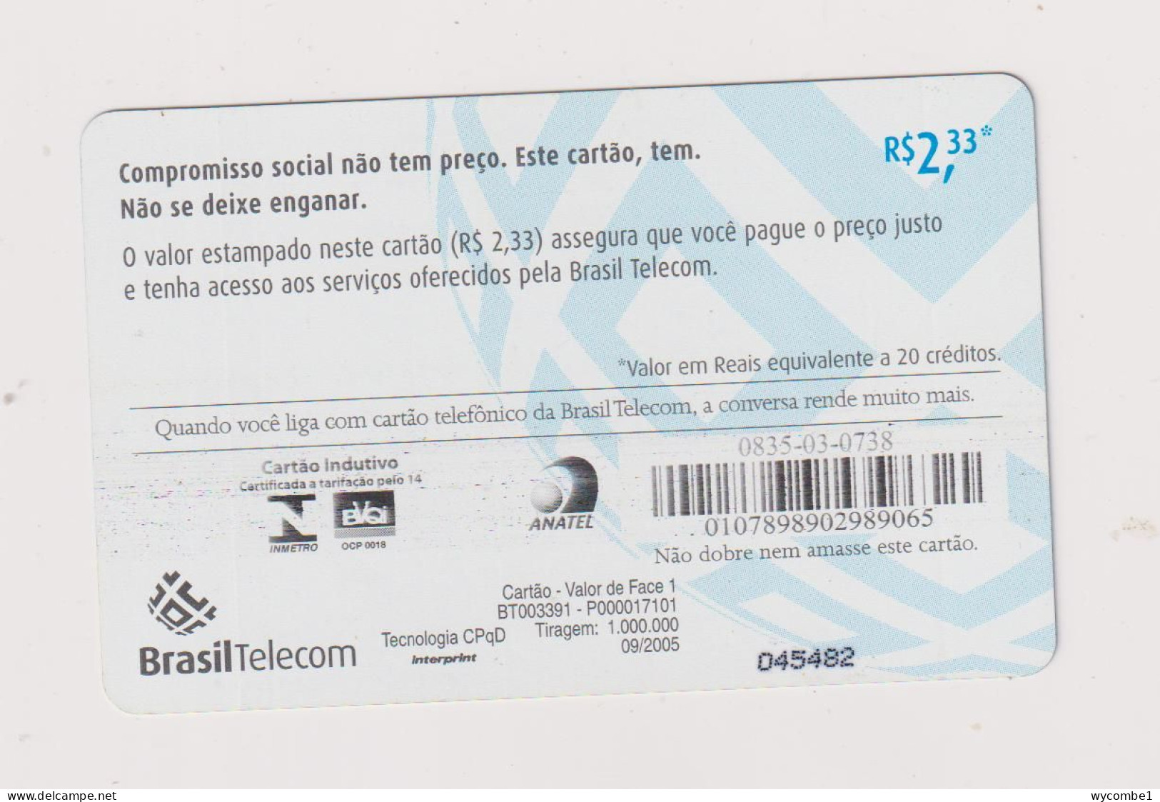 BRASIL -  RS 2,33 Inductive  Phonecard - Brasil