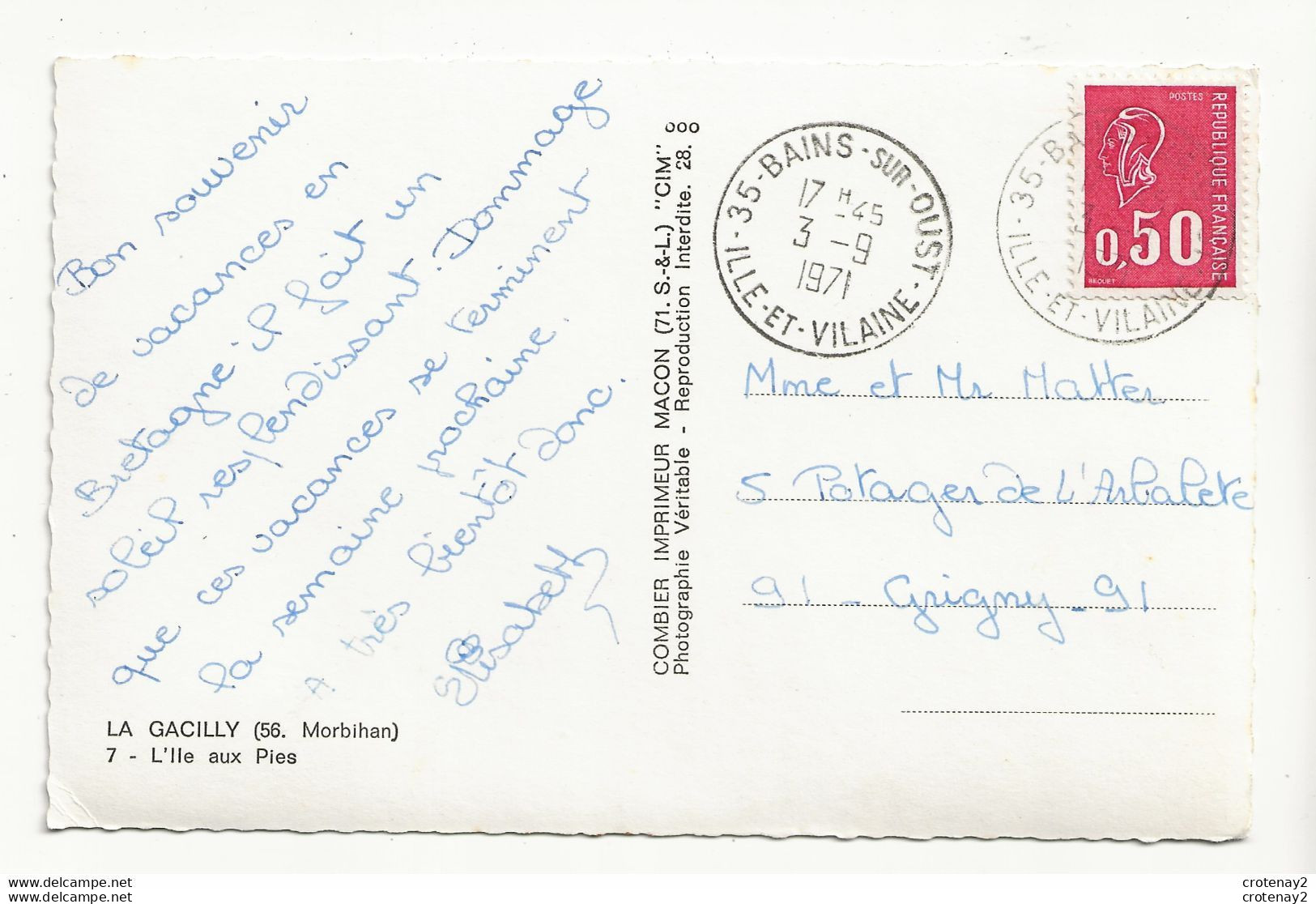 56 LA GACILLY N°7 L'Ile Aux Pies VOIR DOS Postée De 35 BAINS SUR OUST En 1971 - La Gacilly
