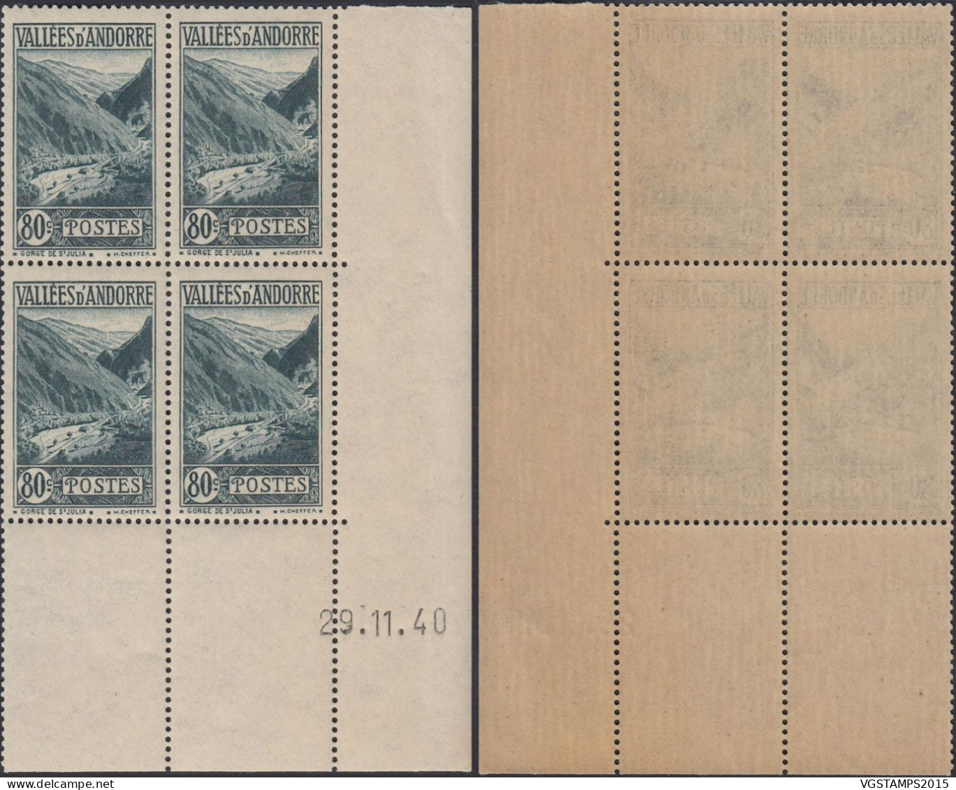 Andorre 1941 - Andorre Française - Timbres Neufs. Yvert Nr.: 72. Michel Nr.: 77. Coin Daté: 29/11/40.... (EB) AR-02068 - Ongebruikt