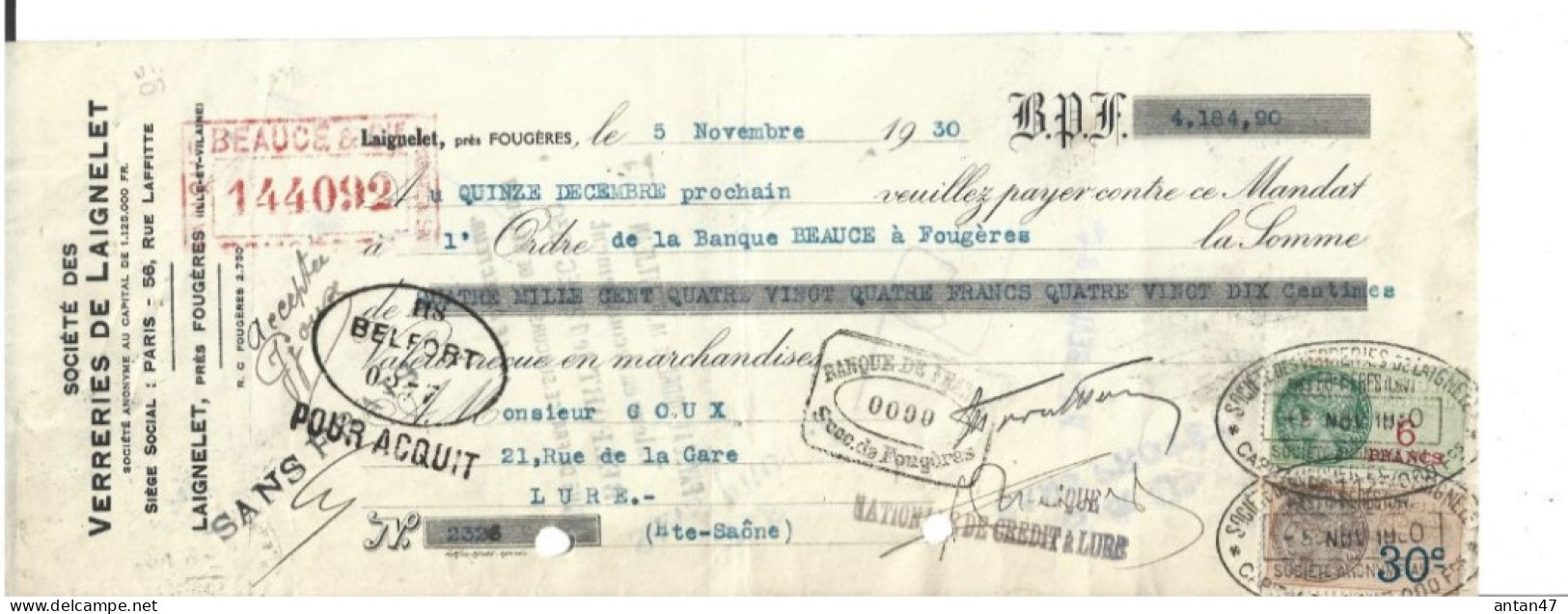 TRAITE 1930 / 35 LAIGNELET FOUGERES / 75009 PARIS / Verreries De LAIGNELET / Timbres Fiscaux - Bills Of Exchange