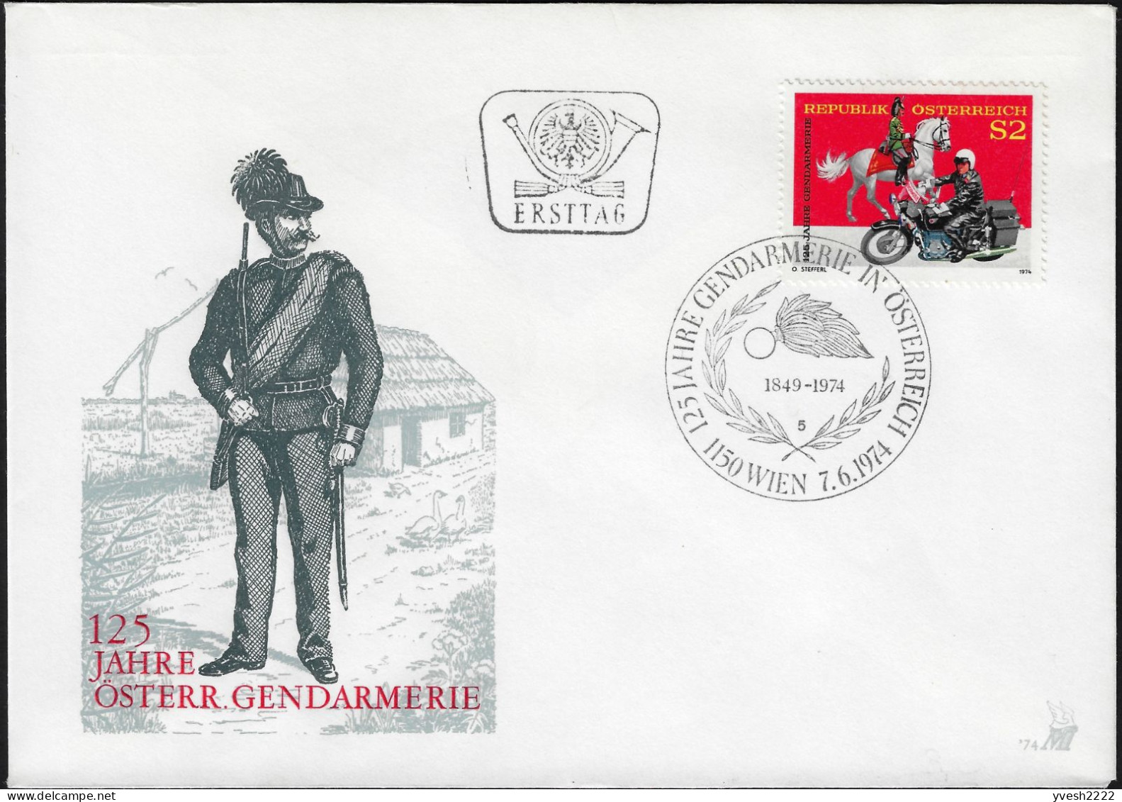 Autriche 1974 Y&T 1284. Oblitération Spéciale FDC 125 Ans De La Gendarmerie En Autriche. A Cheval Et à Moto - Politie En Rijkswacht