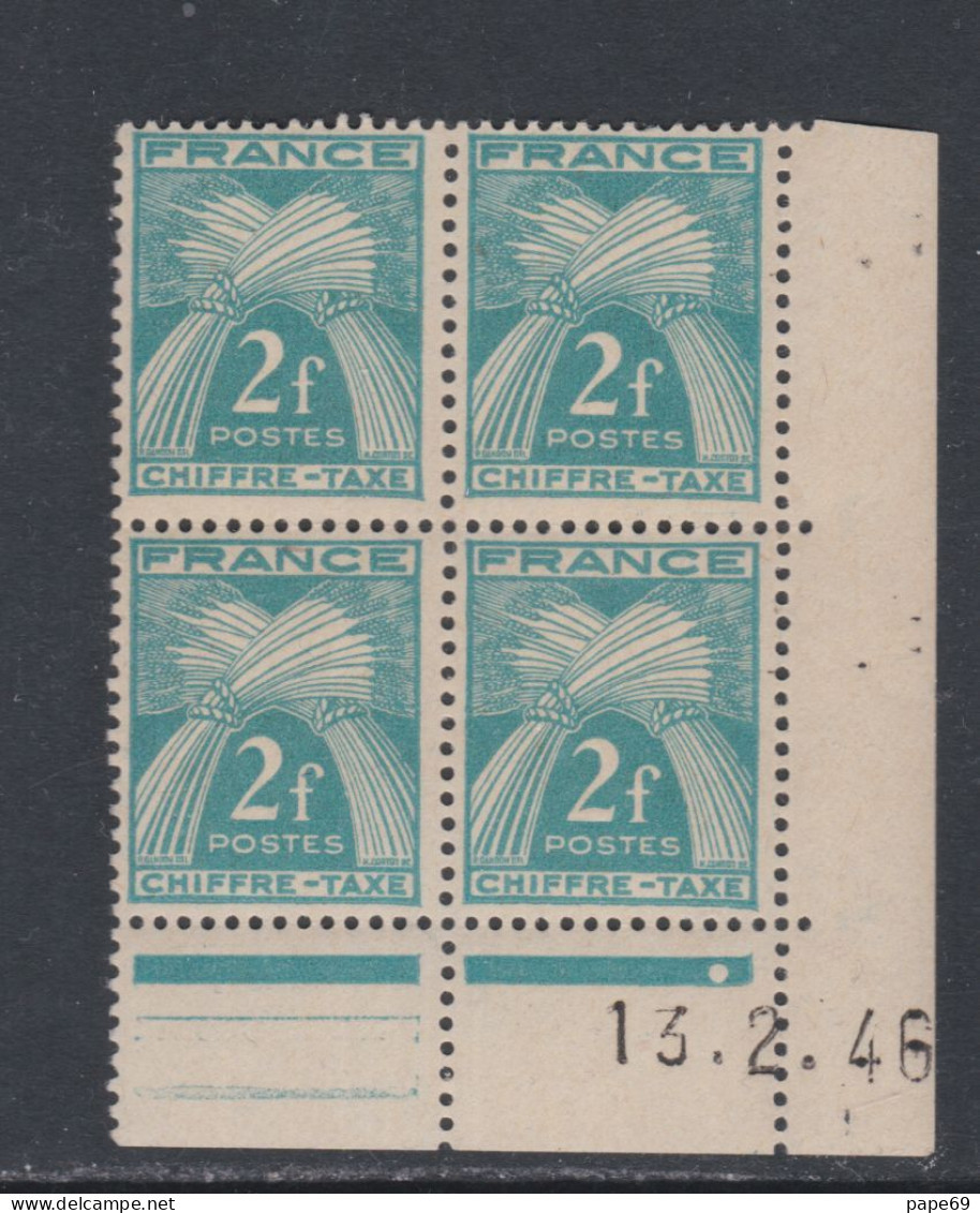 France Timbres-Taxe N° 72 XX  : 2 F. Bleu-vert En Bloc De 4 Coin Daté Du  13 . 2 . 46 .   1 Point Blanc, Sans Cha. TB - Postage Due