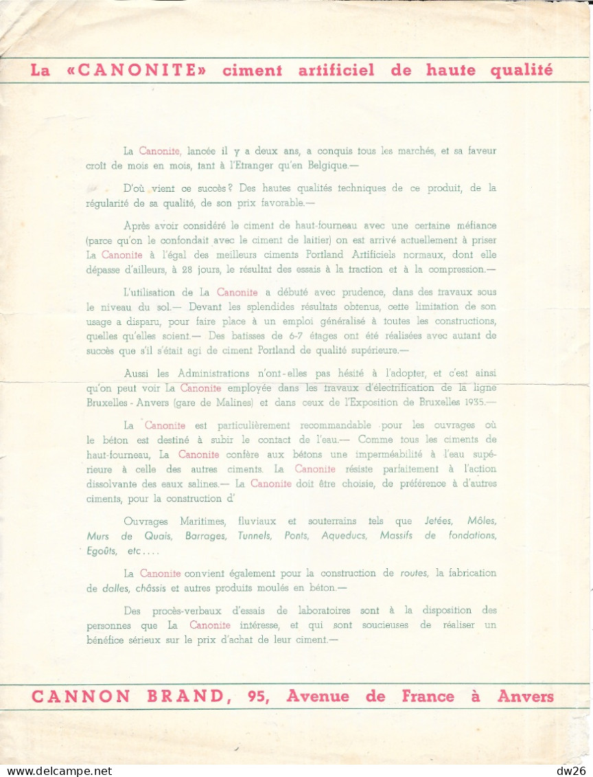 Publicité Commerciale 1942: Société Cannon Brand, Anvers - Ciment Artificiel La Canonite - 1900 – 1949
