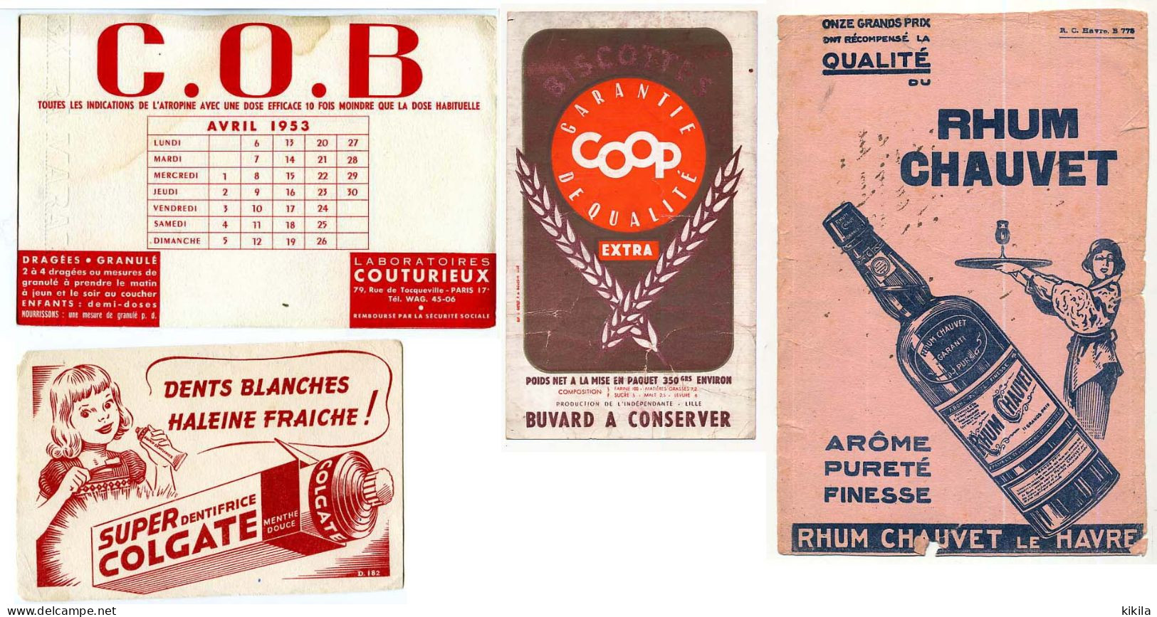 Lot De 4 Buvards (9) CHAUVET Rhum - COLGATE - COOP - COUTURIEUX 1953 Avec Défauts :taches,  Pliures,déchirures Etc. Etc - Collections, Lots & Series