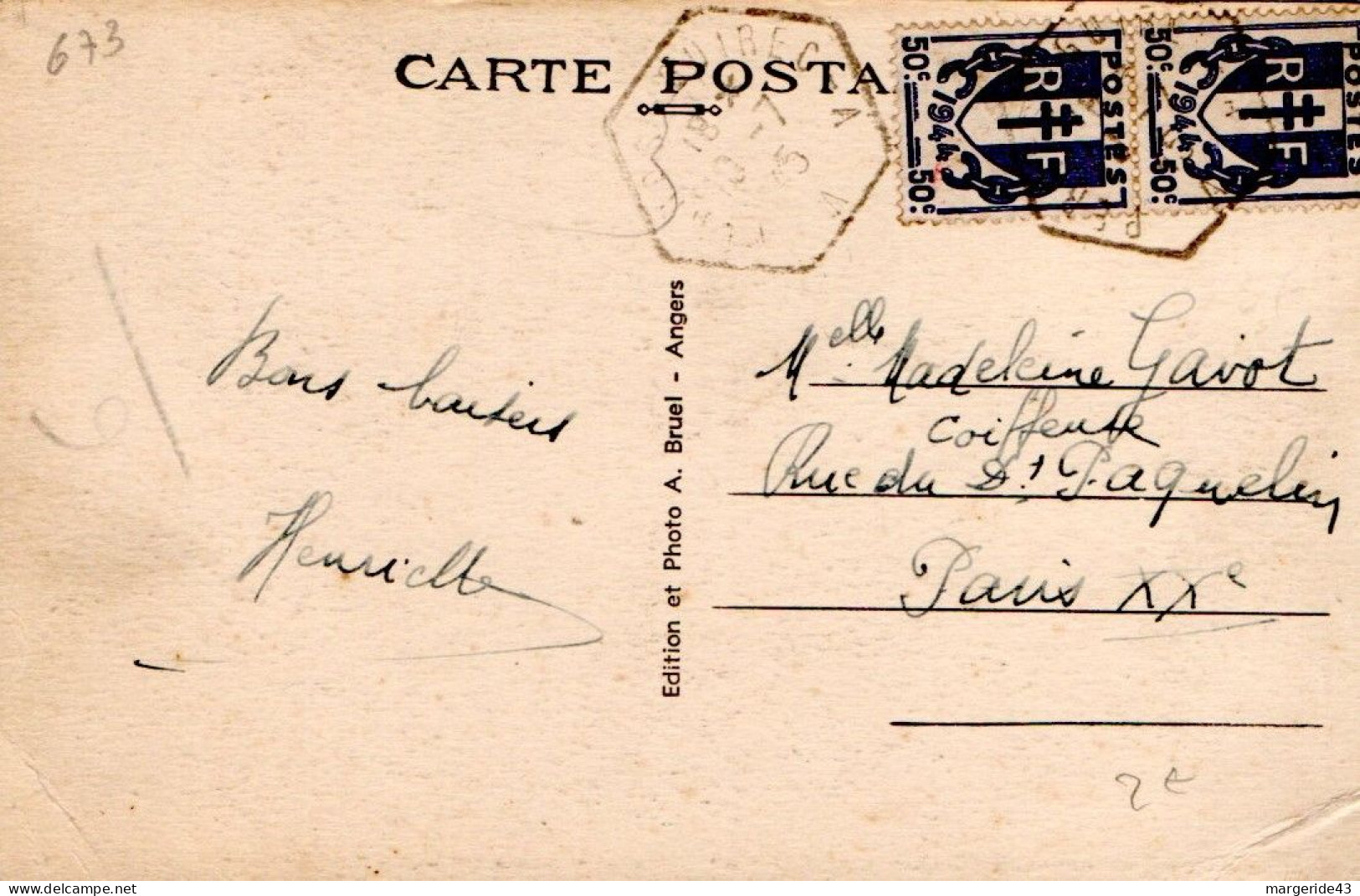 AFFRANCHISSEMENT COMPOSE SUR CARTENDE PERROS GUIREC 1945 - Postal Rates