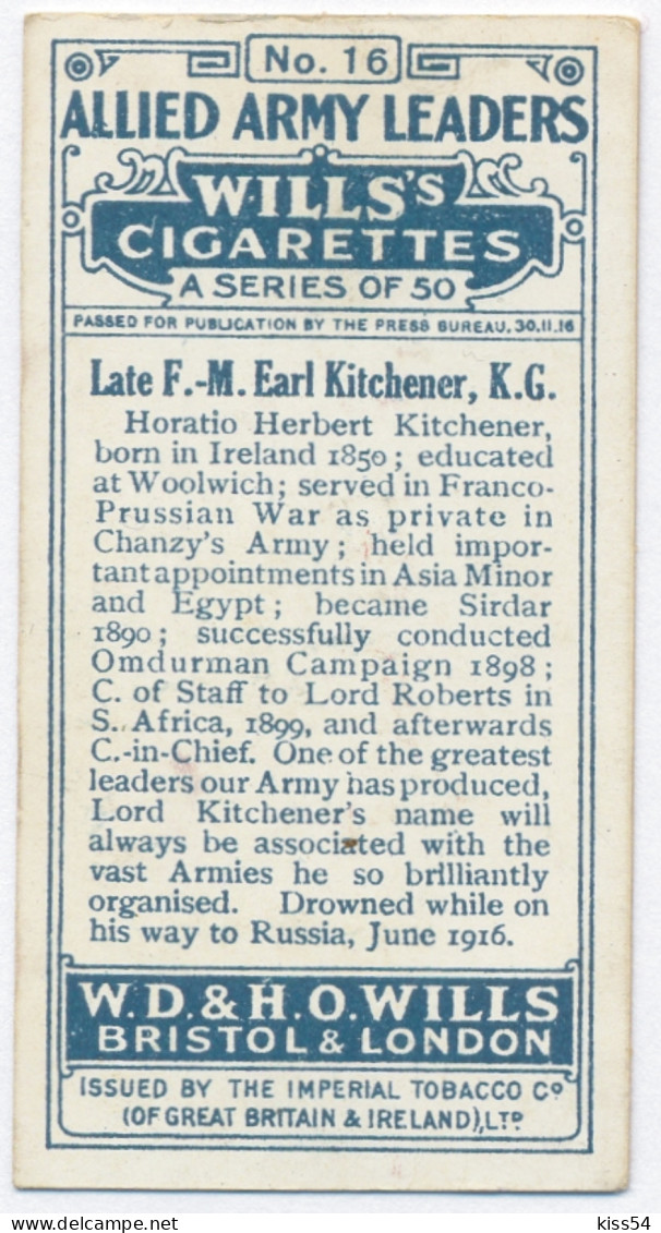 CT 00 - 16 UNITED KINGDOM, Late F.M. Horatio Herbert Kitchener, Allied Army Leader - Old Wills's Cigarettes - 68/35 Mm - Wills