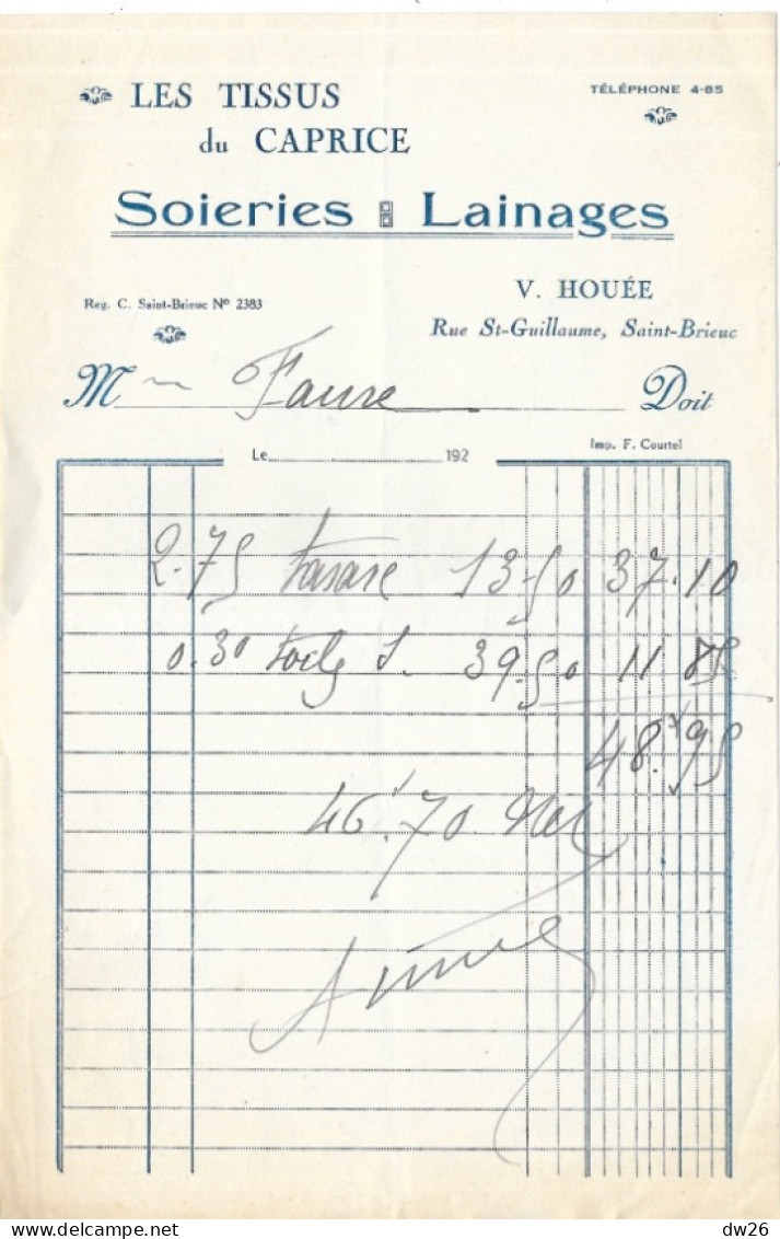 Facture 14x21 - Soieries, Lainages Les Tissus Du Caprice (V. Houé) Saint-Brieuc (Côtes Du Nord) 1926 - Textile & Clothing