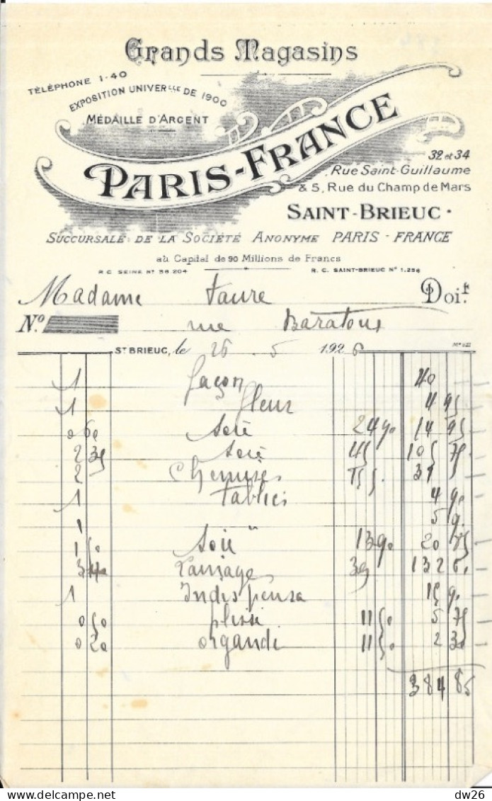 Facture 14x21 - Grands Magasins Paris-France, Saint-Brieuc (Côtes Du Nord) 1926 - Kleding & Textiel