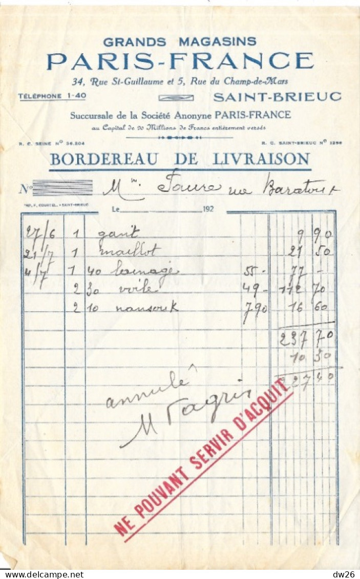 Facture 14x21 - Grands Magasins Paris-France, Saint-Brieuc (Côtes Du Nord) 1926 - Textilos & Vestidos