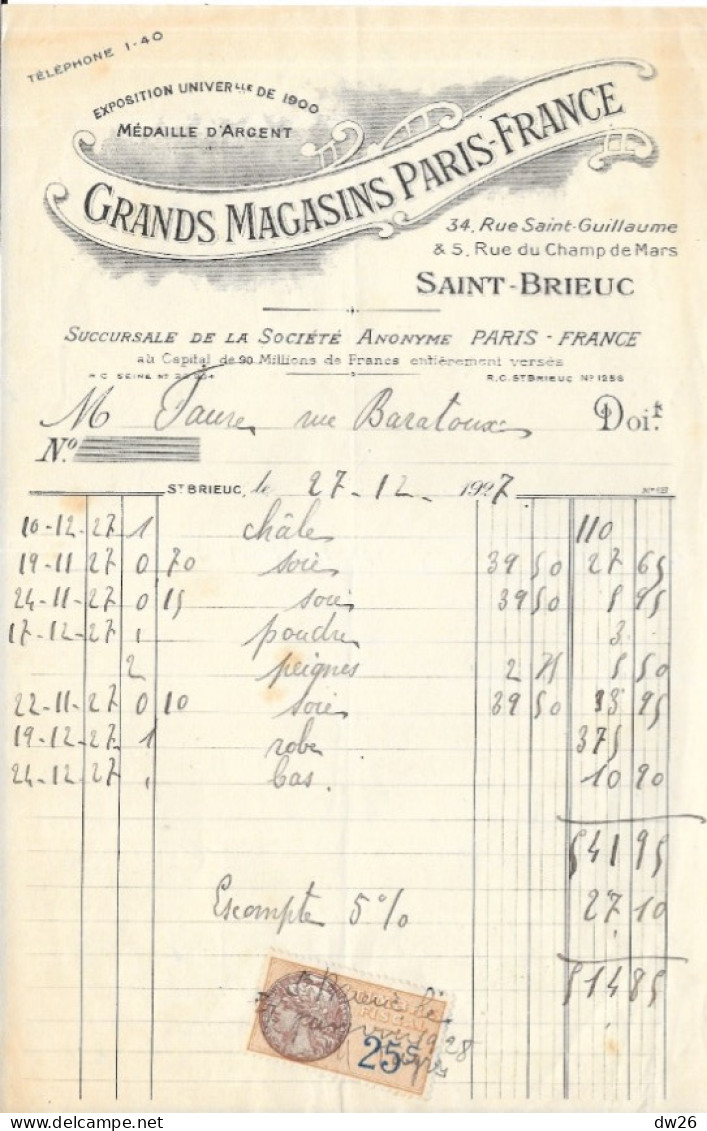 Facture 14x21 - Grands Magasins Paris-France, Saint-Brieuc (Côtes Du Nord) 1927 - Kleidung & Textil