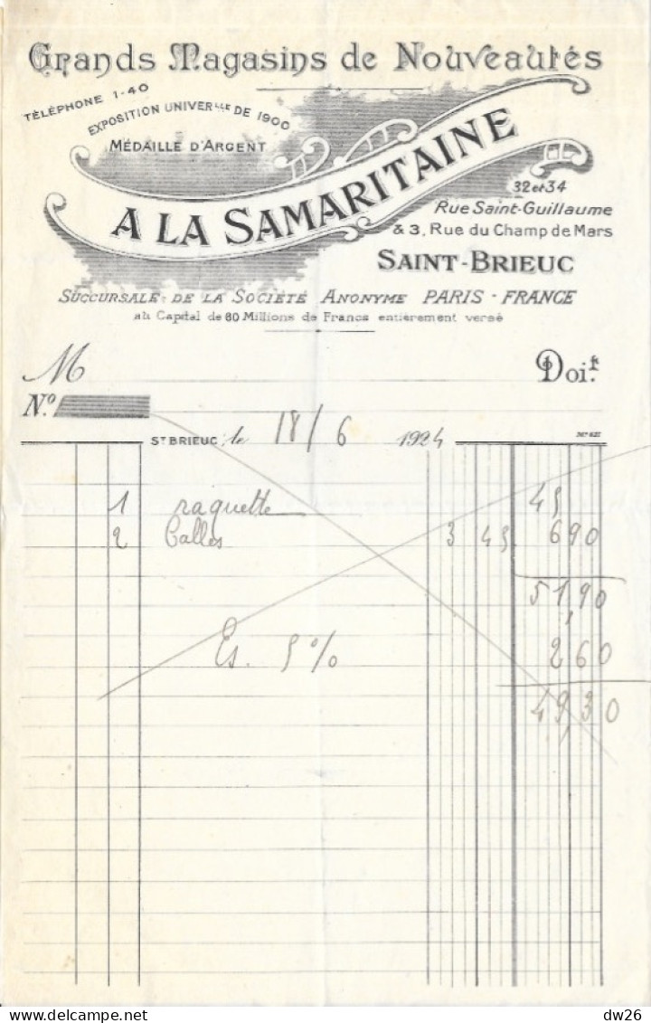 Facture 14x21 - Grands Magasins De Nouveauté: La Samaritaine, Saint-Brieuc (Côtes Du Nord) 1924 - Textilos & Vestidos