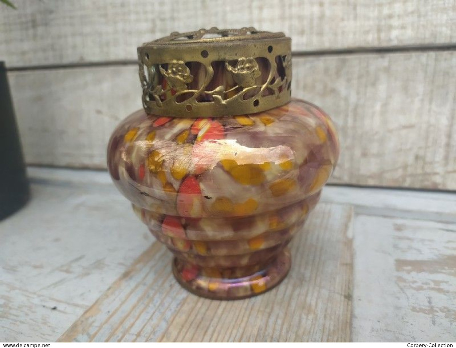 Ancien Vase Pique Fleurs Verre Millefiori Kralik Glass Art Déco - Vidrio & Cristal