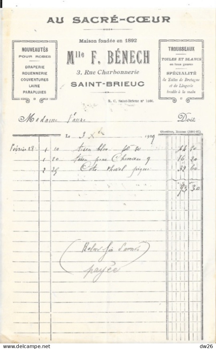 Facture 14x21 - Magasin Nouveautés Pour Robes: Au Sacré-Coeur (Mlle F. Bénech) Saint-Brieuc (Côtes Du Nord) 1929 - Kleding & Textiel