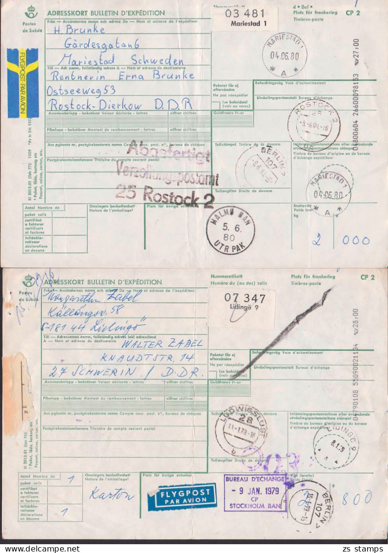 Mariastad, Lidingö  Bulletin AFS, D` Expedition, 2 Cards To Germany, Colis Fragile"  Rostock, Verzollungs-PA - Covers & Documents