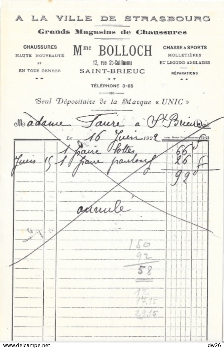 Facture 14x21 - Grands Magasins De Chaussures: A La Ville De Strasbourg (Mme Bolloch) Saint-Brieuc (Côtes Du Nord) 1922 - Kleding & Textiel