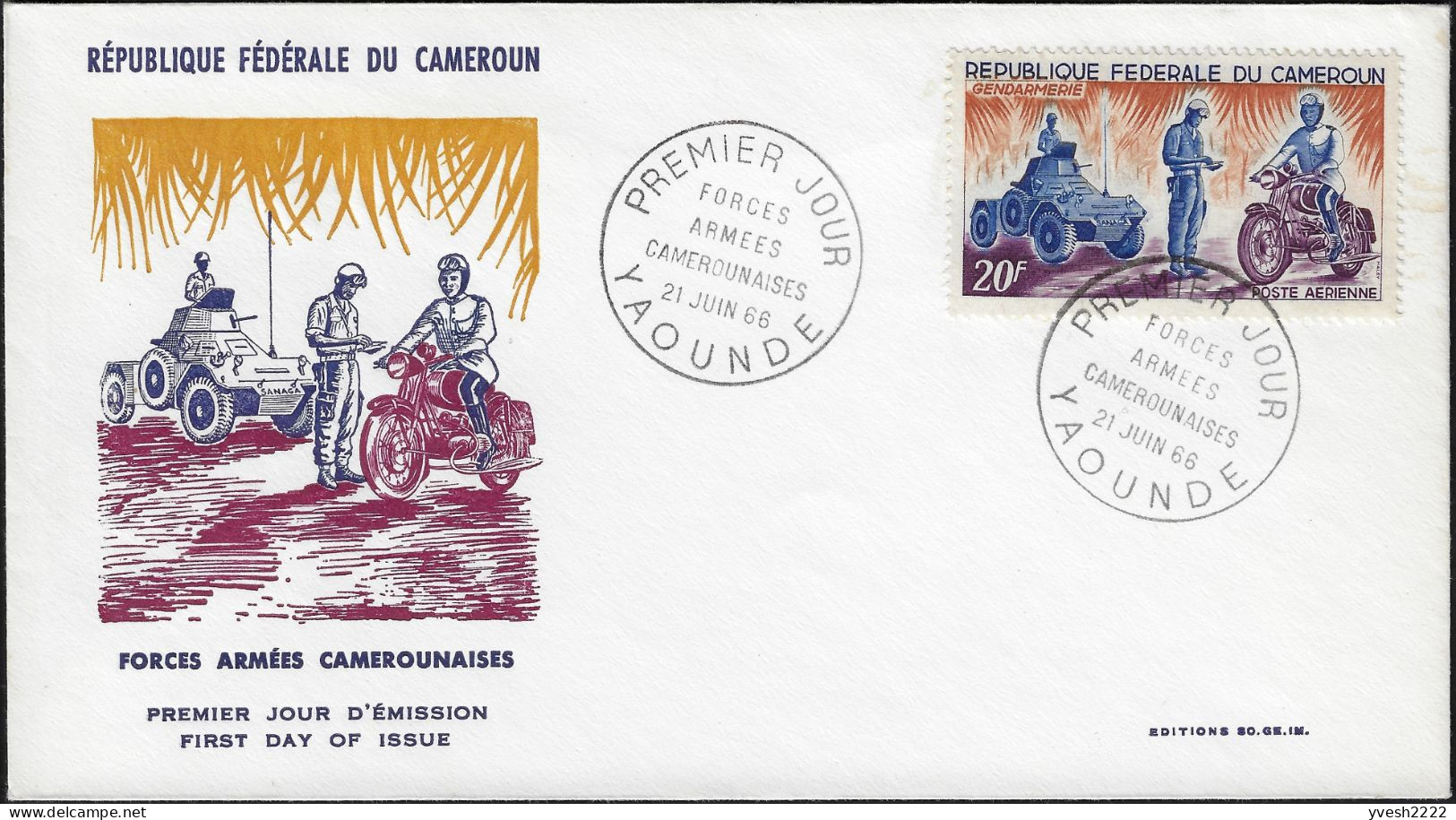 Cameroun 1966 Y&T PA 84. Feuillet De Luxe, Non Dentelé Et FDC. Forces Armées, Gendarmerie. Moto, Véhicule D'intervention - Police - Gendarmerie