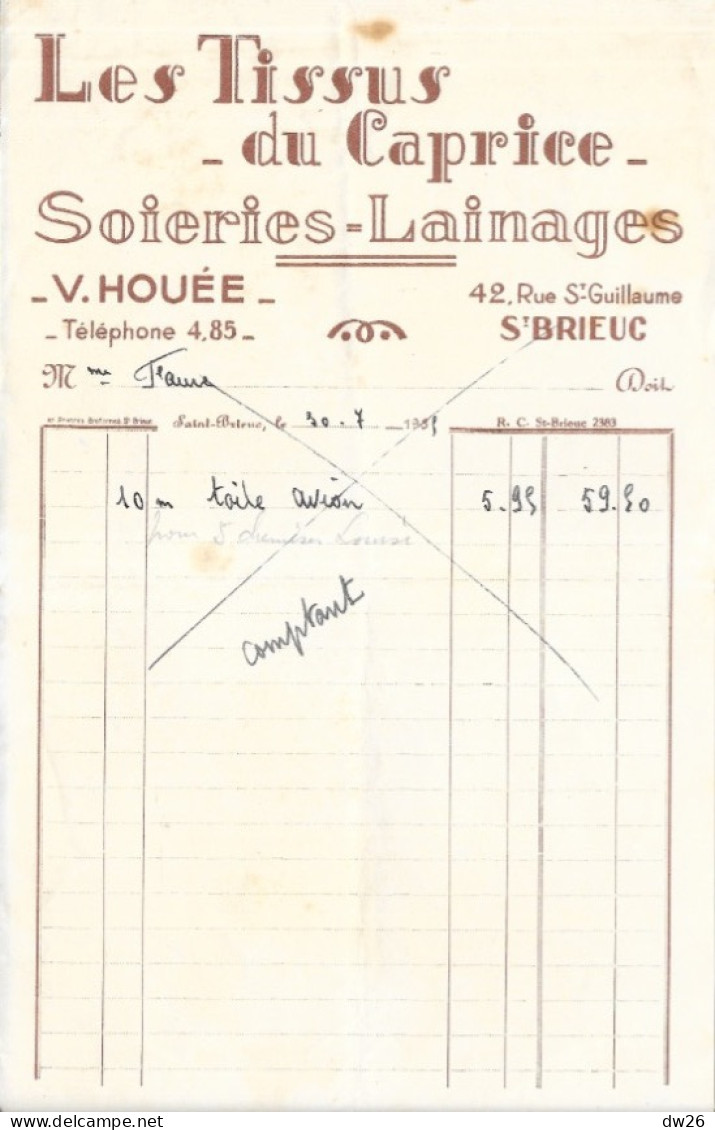 Facture 14x21 - Soiries, Lainages: Les Tissus De Caprice (V. Houée) Saint-Brieuc (Côtes Du Nord) 1925 - Kleidung & Textil