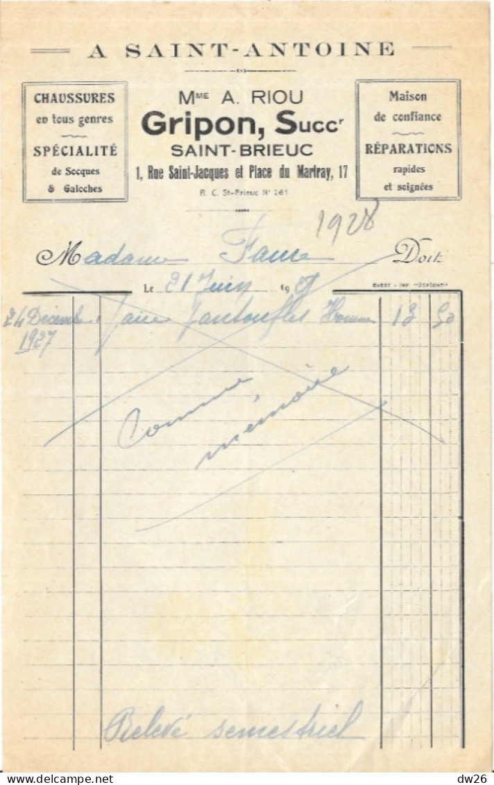 Facture 14x21 - Chaussures En Tous Genres: A Saint-Antoine (Mme A. Riou, Gripon Succ.) St-Brieuc (Côtes Du Nord) 1928 - Kleding & Textiel