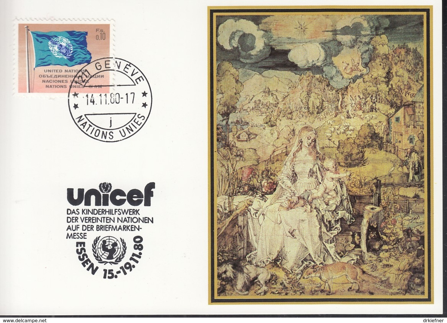 UNO GENF  UNICEF-Kunstkarte, Albrecht Dürer, Madonna Mit Kind, Zur Int. Briefmarkenmesse, Essen 14.11.1980 - Lettres & Documents