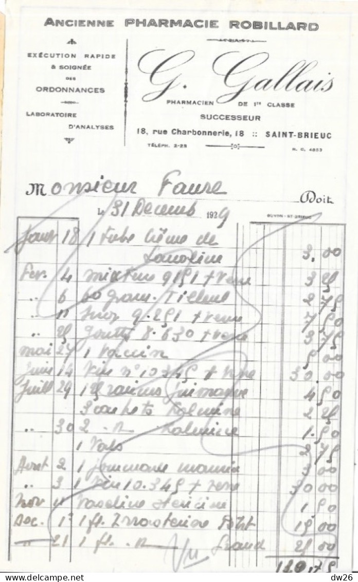 Facture 14x21 - Ancienne Pharmacie Robillard, G. Gallais Successeur, Saint-Brieuc (Côtes Du Nord) 1929 - 1900 – 1949