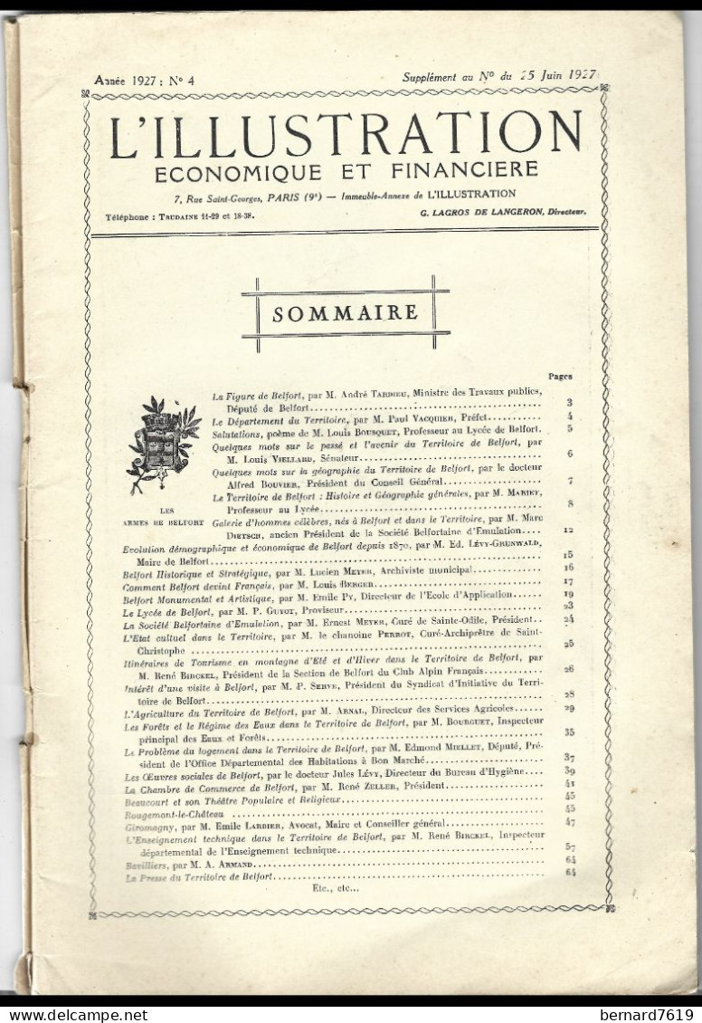 Revue L'illustration  Economique Et Financiere -juin 1927 - Le Territoire De Belfort - L'Illustration