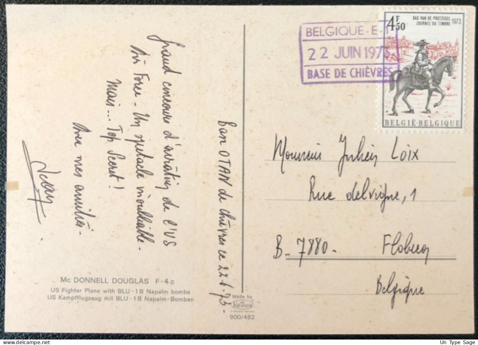 Belgique, Divers Sur Carte Postale, Cachet Belgique / Base De Chievre 22.6.1973 - (B3574) - Cartas & Documentos