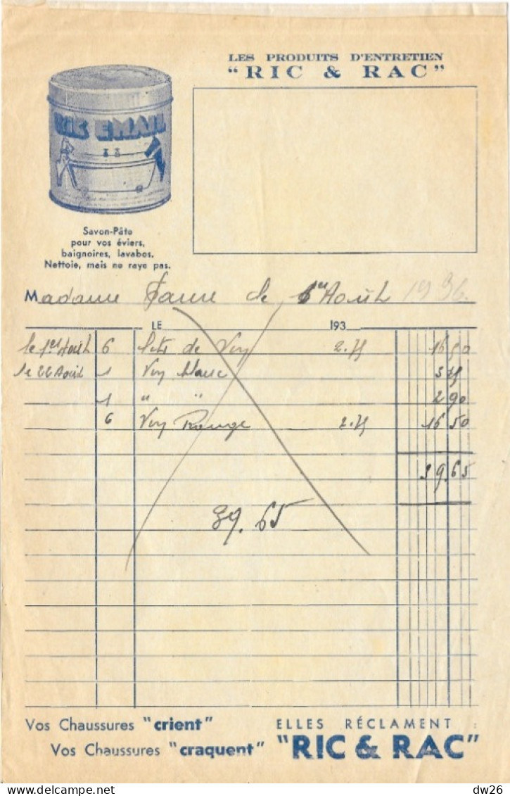 Facture 14x21 - Droguerie, Les Produits D'entretien Ric & Rac - Saint-Brieuc (Côtes Du Nord) 1934 - Drogerie & Parfümerie