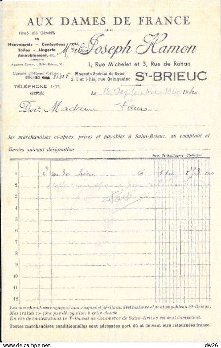 Facture 14x21 - Nouveautés: Aux Dames De France (Joseph Hamon) Saint-Brieuc (Côtes Du Nord) 1940 - Kleding & Textiel