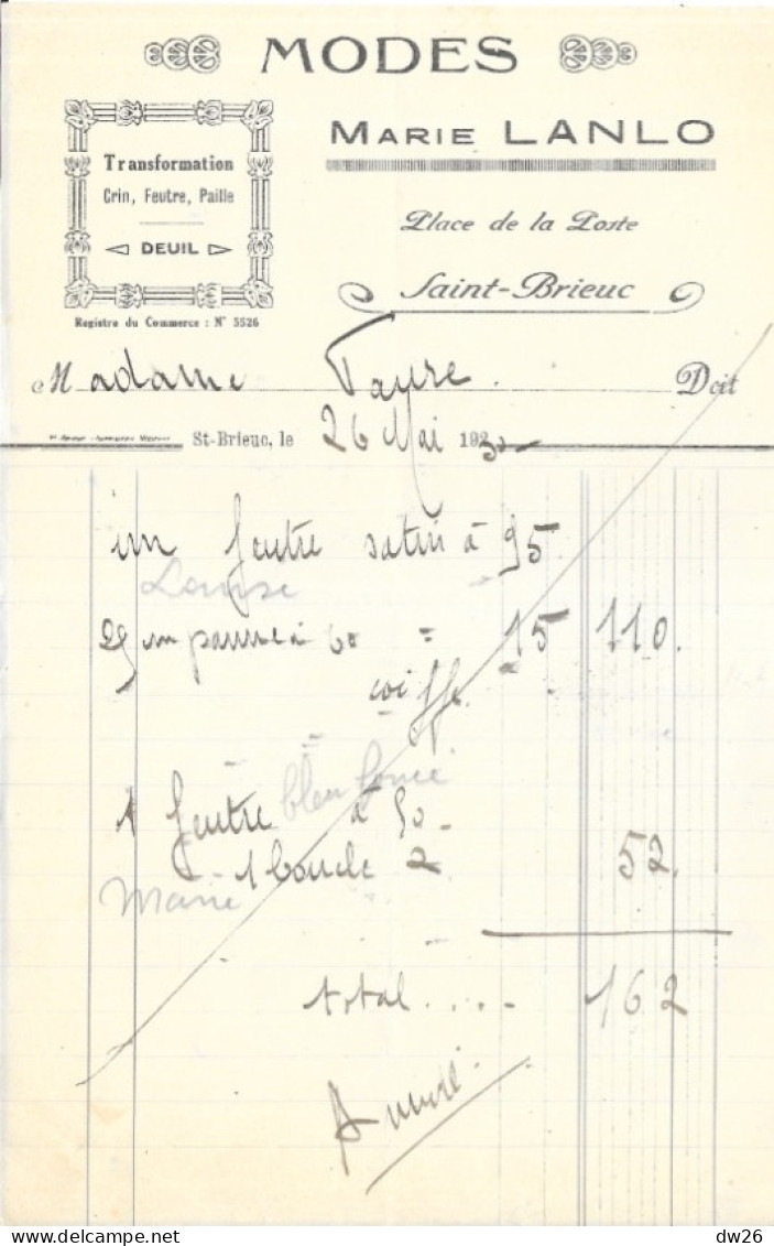 Facture 14x21 - Modes, Transformations, Deuil (Marie Lanlo) Saint-Brieuc (Côtes Du Nord) 1937 - Textilos & Vestidos
