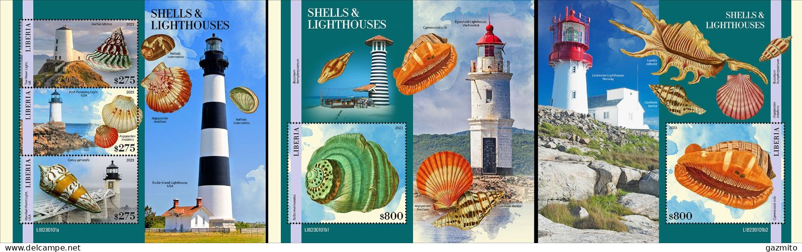 Liberia 2023, Shells And Lighthouses, 3val In BF+2BF - Liberia