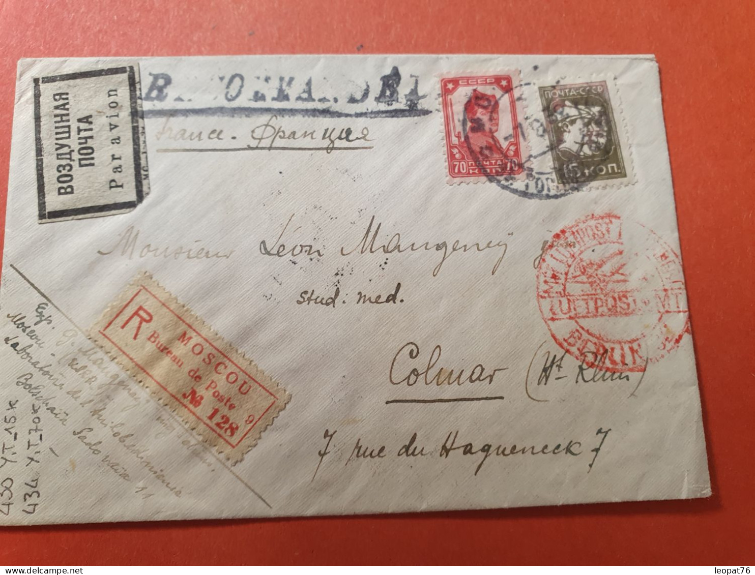 URSS -Enveloppe En Recommandé De Moscou Pour Colmar En 1932 Par Avion Via Berlin - Ref 3403 - Cartas & Documentos