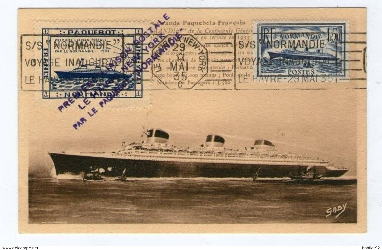 !!! CARTE MAXIMUM LE NORMANDIE CACHET VOYAGE INAUGURAL 29/05/1935 + VIGNETTE - 1930-1939