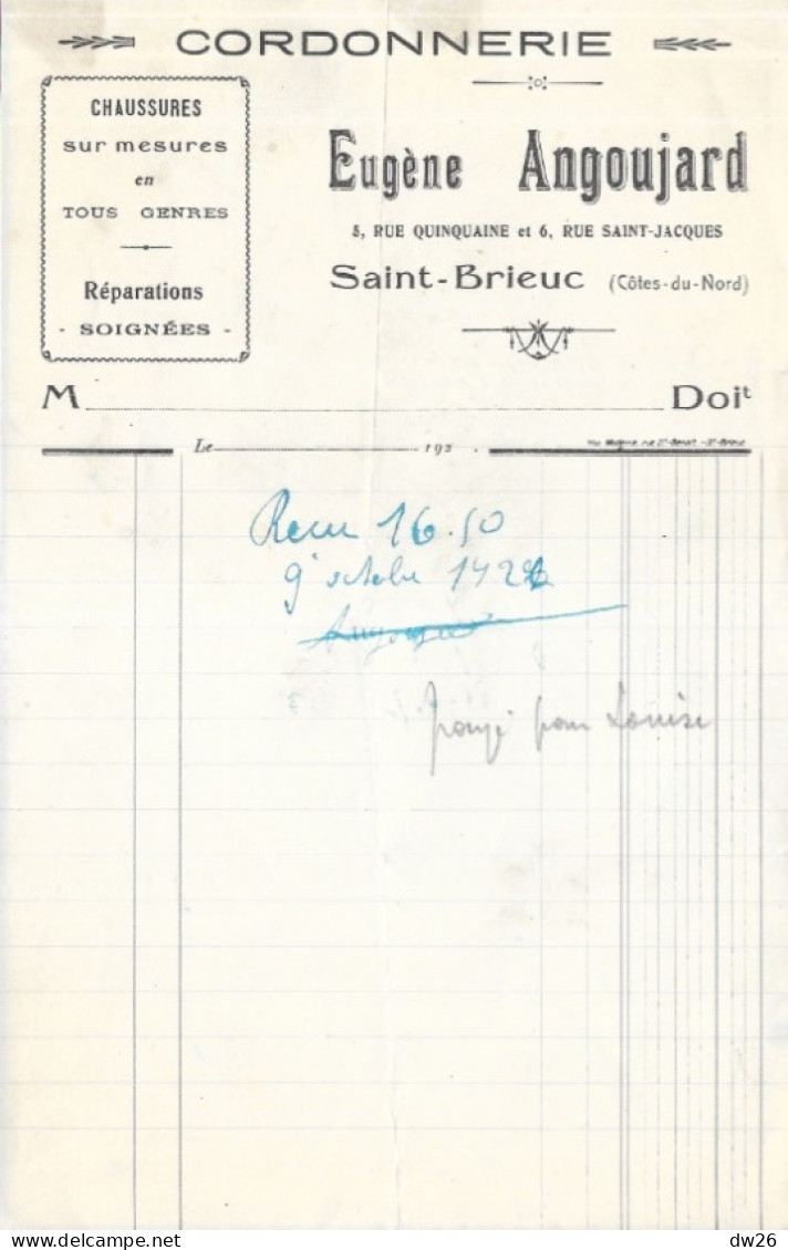 Facture 14x21 - Cordonnerie Eugène Angoujard, Chaussures Sur Mesures - Saint-Brieuc (Côtes Du Nord) 1927 - Kleding & Textiel