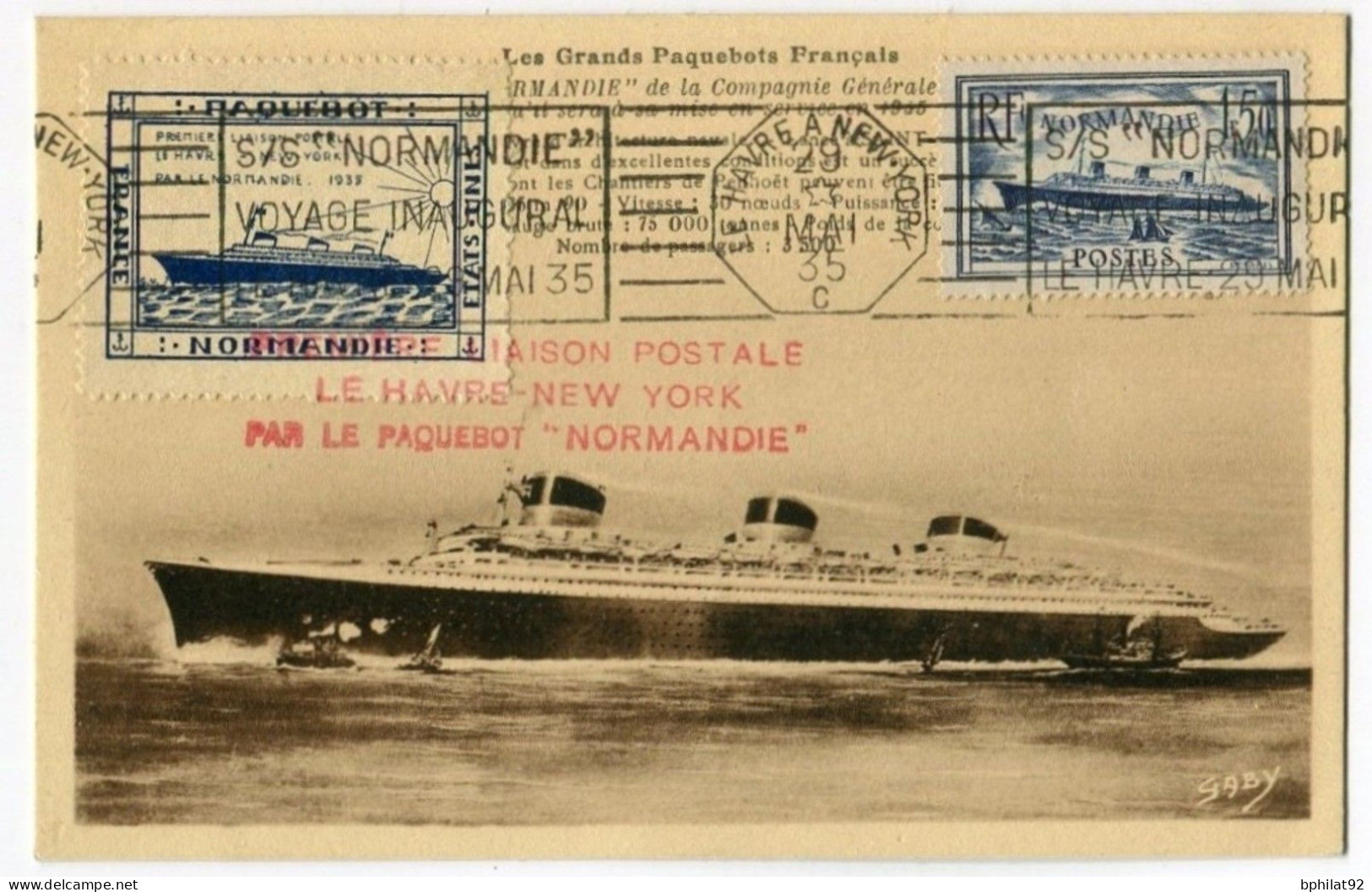 !!! CARTE MAXIMUM LE NORMANDIE CACHET ROUGE VOYAGE INAUGURAL 29/05/1935 + VIGNETTE - 1930-1939