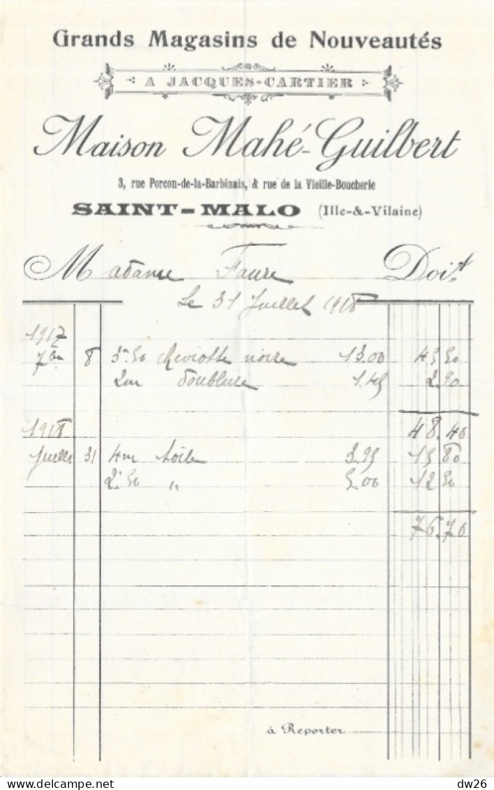 Facture 14x21 - Grands Magasins De Nouveauté Jacques-Cartier, Maison Mahé-Guilbert - Saint-Malo (Ile-et-Vilaine) 1918 - Kleding & Textiel