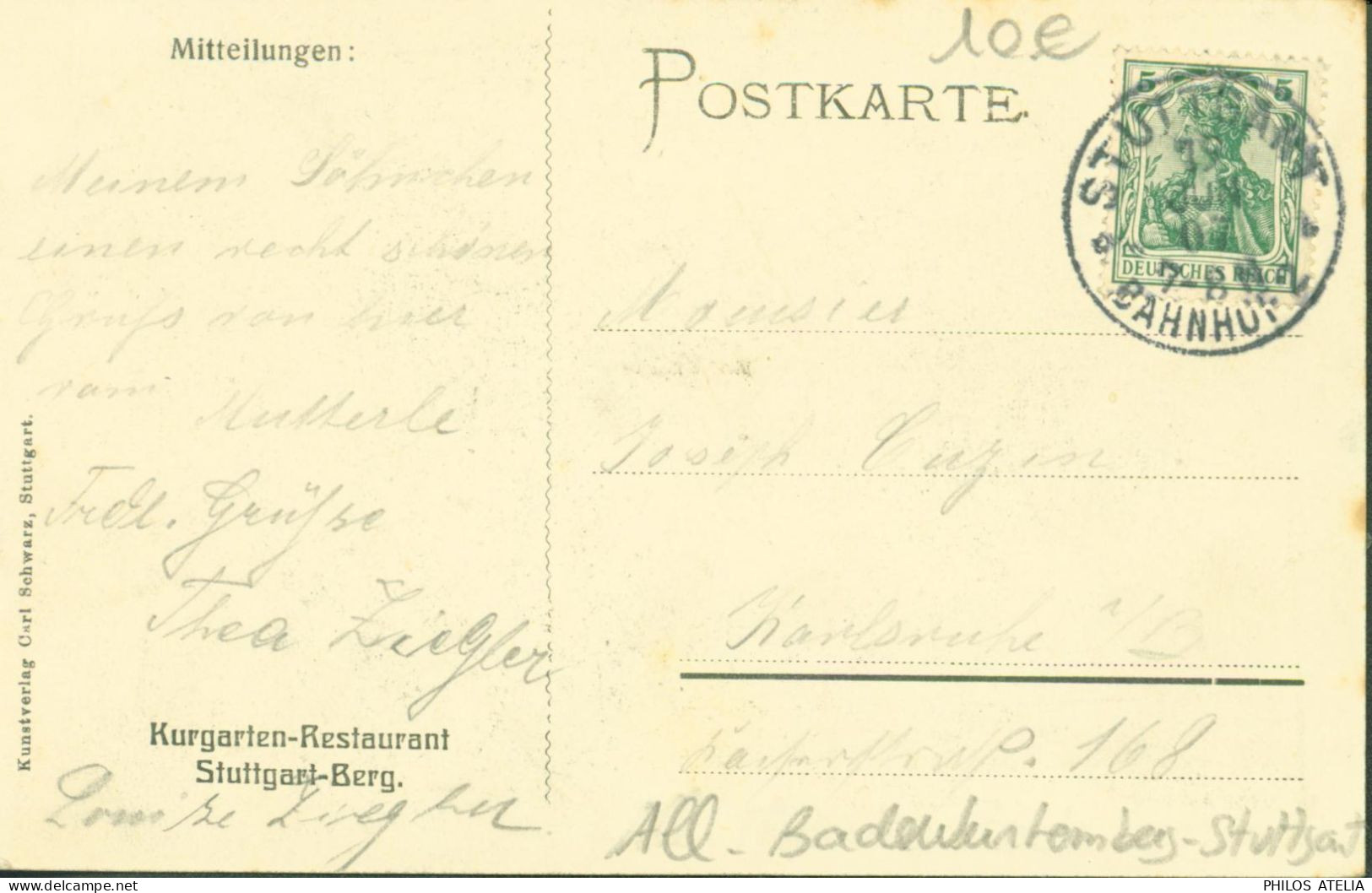 CPA CP Allemagne Bade-Wurtemberg Kurgarten Restaurant Stuttgart Berg CAD Ambulant Stuttgart Bahnhof 2 19 JAN 1907 - Stuttgart